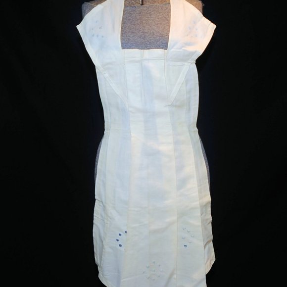 Vintage 50's Ivory Pleated Cotton Full Bib Apron Circle Embroidery Pin-On Waist - Picture 2 of 11
